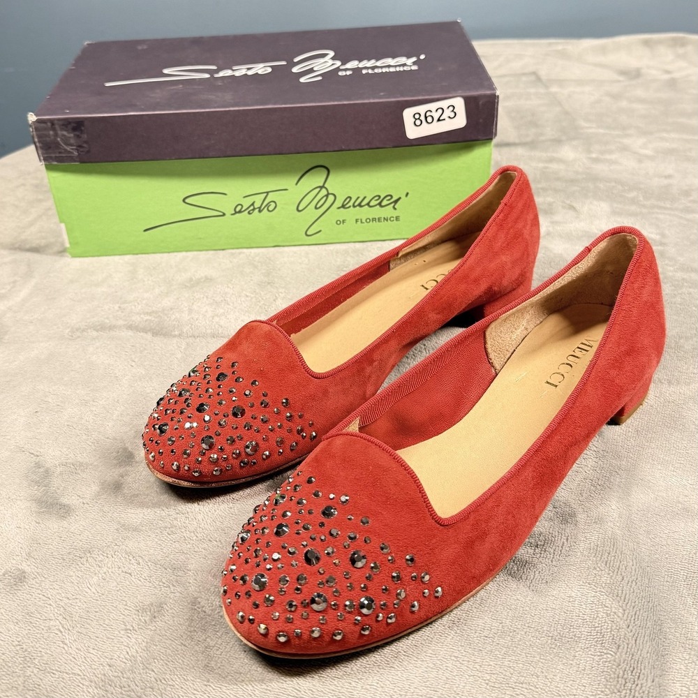 Sesto Meucci Shoes Womens Size 9.5 Red Suede Rhinestone Flats Slip On Italy